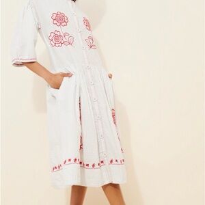 Free People White Midi Dress with Red Floral Embroidery